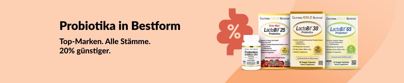 Banner, das -20% auf die besten probiotischen Ergänzungsmittel mit der Produktreihe LactoBif von California Gold Nutrition bewirbt.