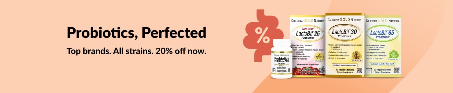 Banner promoting 20% off top probiotic supplements, featuring California Gold Nutrition LactoBif product range.