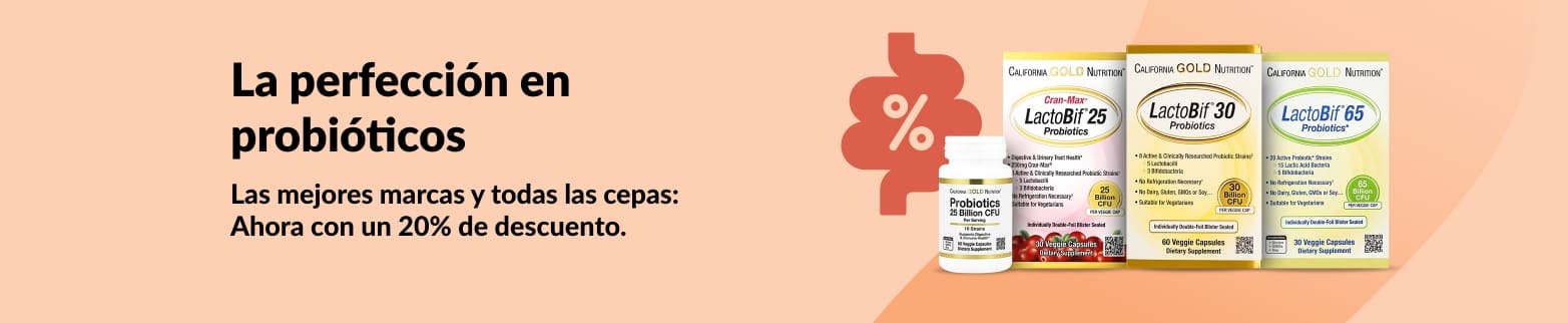 Banner con una promoción del 20% de descuento en los mejores probióticos, destacando LactoBif de California Gold Nutrition.