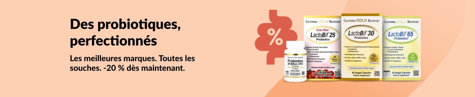Bannière promotionnelle offrant 20 % de réduction sur les meilleurs compléments probiotiques, mettant en avant la gamme de produits LactoBif de California Gold Nutrition.
