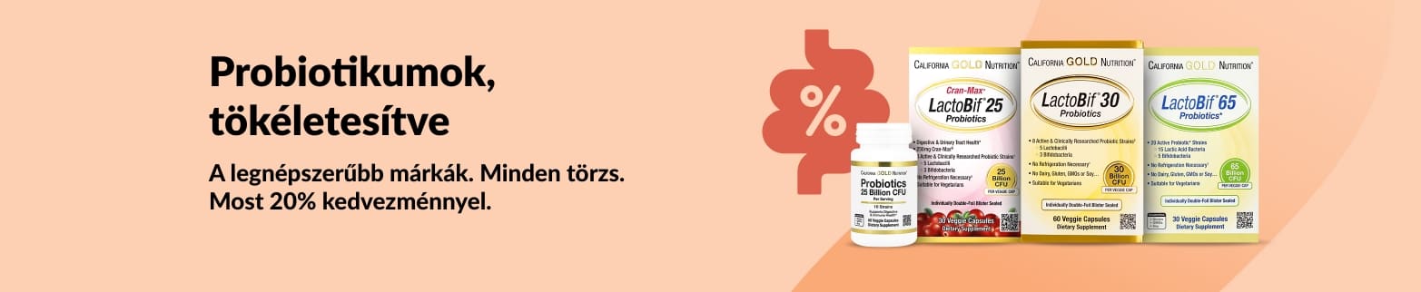 20% kedvezményt kínáló ajánlat a legnépszerűbb probiotikus étrend-kiegészítőkre, a California Gold Nutrition LactoBif termékcsaláddal.