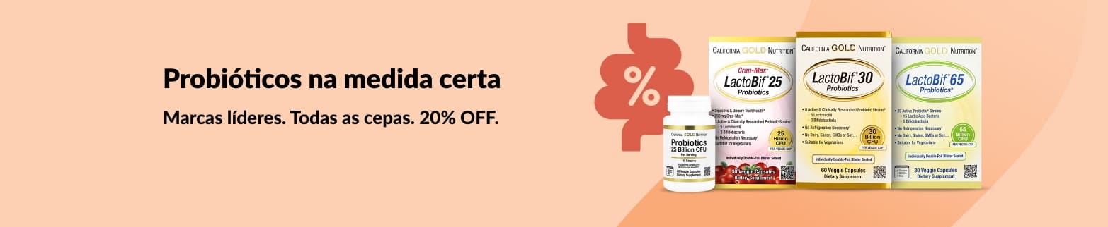 Banner promovendo 20% OFF nos melhores suplementos probióticos, apresentando a linha de produtos LactoBif da California Gold Nutrition.