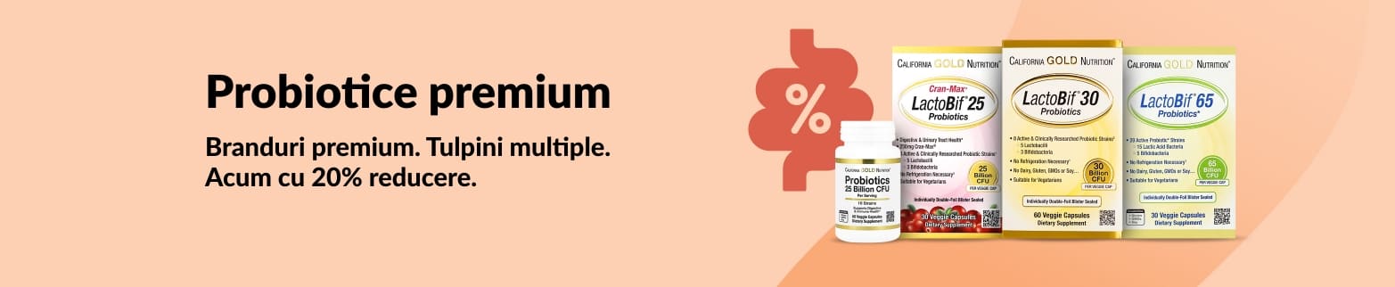 Banner ce promovează -20% la suplimente probiotice de top, prezentând gama California Gold Nutrition LactoBif.