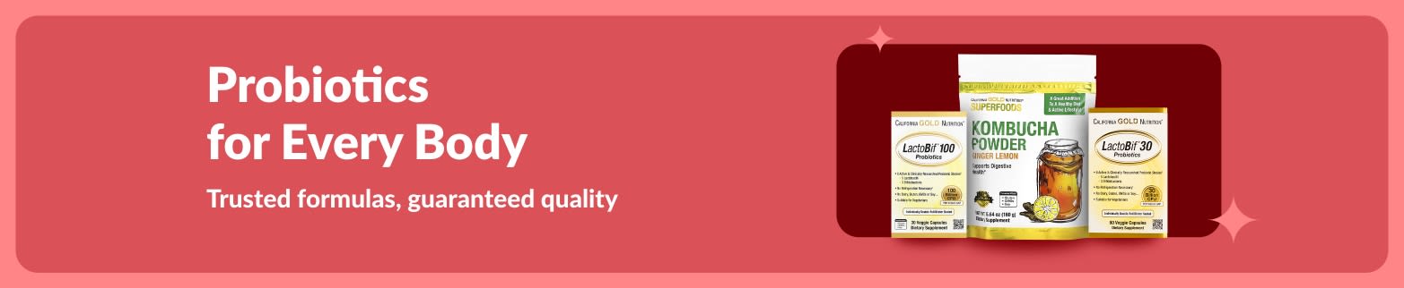 Probiotics for Every Body promotion featuring LactoBif and Kombucha Powder with trusted formulas for digestive health.