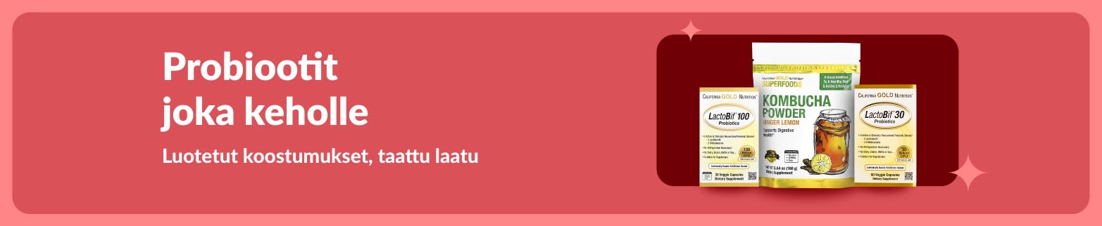 Probiootit joka keholle -tarjous. Kuvassa näkyy LactoBif-probiootteja ja kombucha-jauhetta, jotka ovat luotettuja ratkaisuja ruoansulatuksen tueksi.