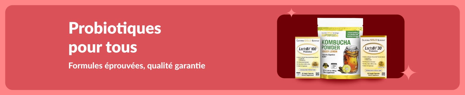 Promotion Probiotiques pour tous mettant en vedette LactoBif et la poudre de kombucha, des formules éprouvées pour la santé digestive.