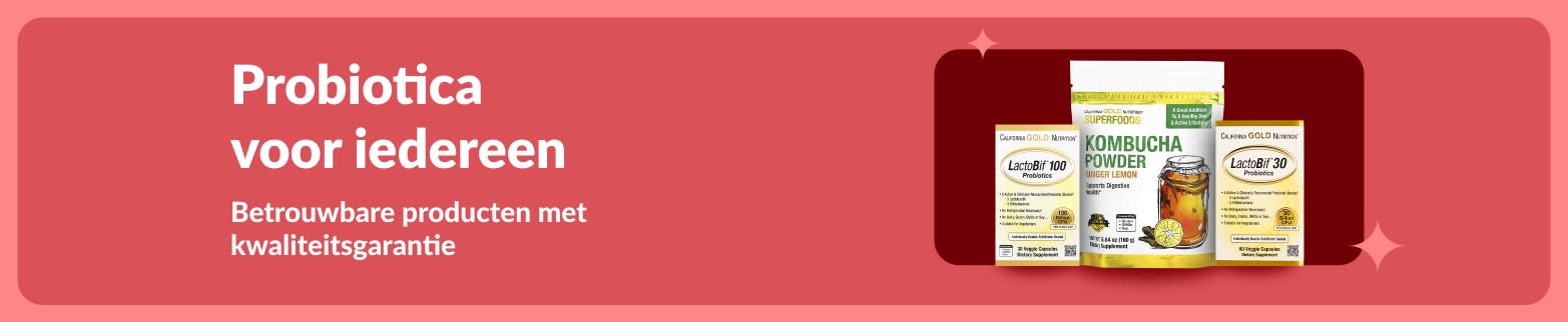 De actie 'Probiotica voor iedereen' met LactoBif en kombuchapoeder, beide met vertrouwde producten voor een gezonde spijsvertering.