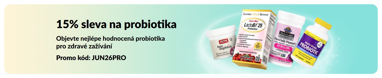 Propagační banner nabízející 15% slevu na probiotika s doplňky stravy pro zdravé zažívání.