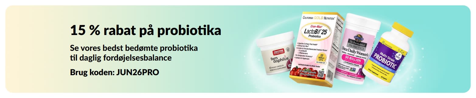 Reklamebanner med 15 % rabat på probiotika og kosttilskud til fordøjelsessystemet.