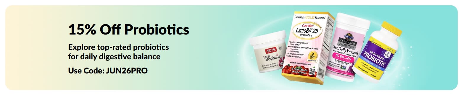 Promotional banner offering 15% off probiotics with digestive health supplements.
