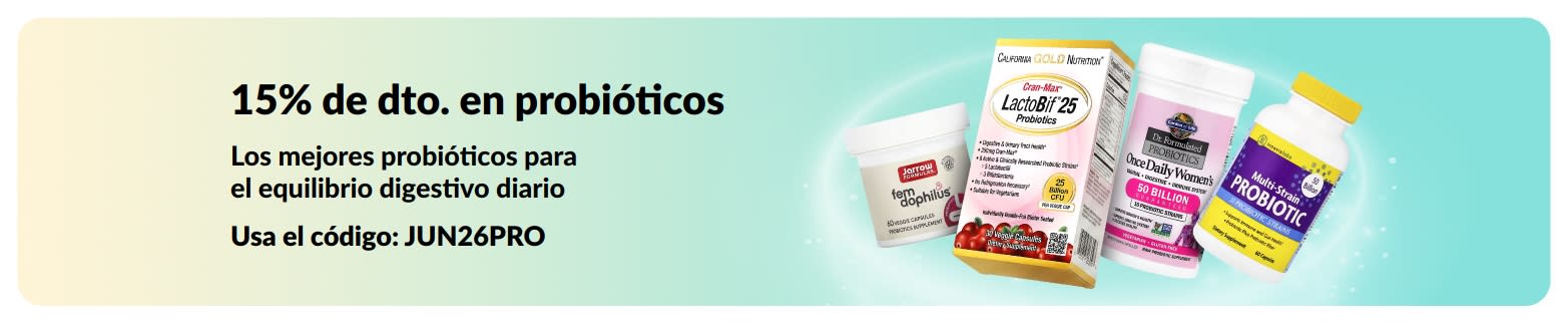Banner que ofrece un 15 % de descuento en probióticos y suplementos para la salud digestiva.