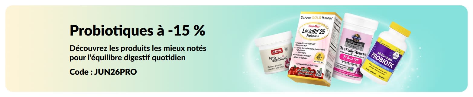 Bannière promotionnelle avec -15 % sur les probiotiques et les compléments pour la santé digestive.