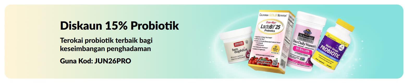 Sepanduk promosi menawarkan diskaun 15% probiotik dengan suplemen kesihatan penghadaman.