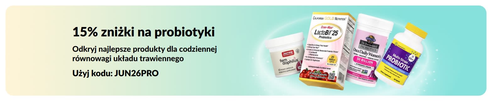 Baner promocyjny oferujący 15% zniżki na probiotyki oraz suplementy wspierające układ trawienny.
