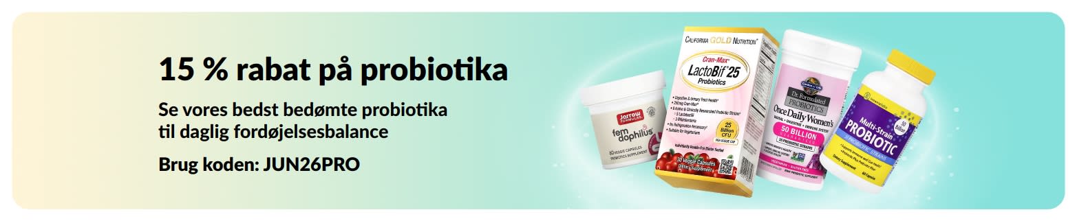 Reklamebanner med 15 % rabat på probiotika og kosttilskud til fordøjelsessystemet.