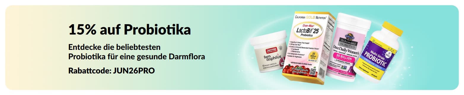 Banner mit 15% auf Probiotika mit Supplementen für eine gesunde Darmflora