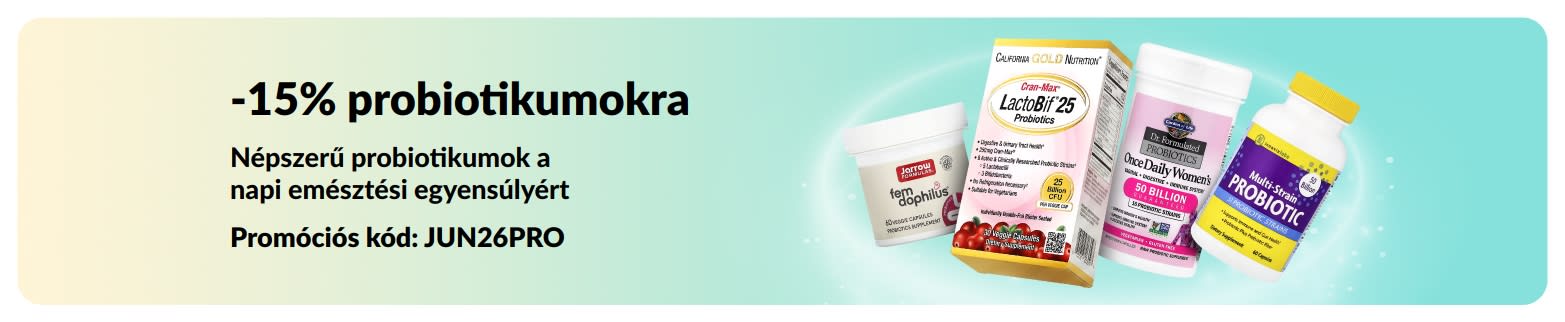 Emésztéstámogató probiotikumokra 15% kedvezményt kínáló promóciós banner.