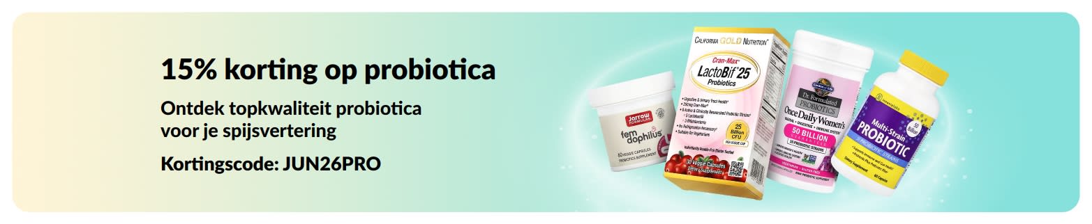 Promotiebanner met 15% korting op probiotica in combinatie met supplementen voor de spijsvertering.