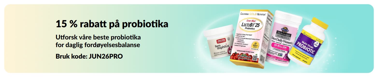 Kampanjebanner som tilbyr 15 % rabatt på probiotika og kosttilskudd for fordøyelsen.