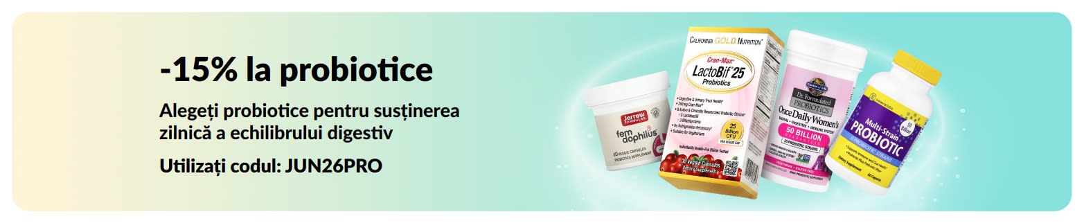 Banner promoțional cu 15% reducere la probiotice, cu suplimente pentru sănătatea digestivă.