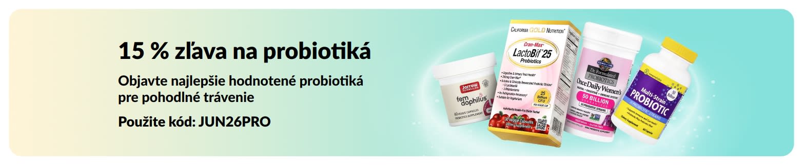 Propagačný baner ponúkajúci 15 % zľavu na probiotiká, zobrazujúci výživové doplnky na trávenie.