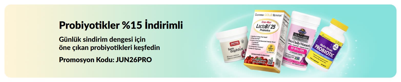 Sindirim sağlığı takviyeleriyle birlikte probiyotiklerde %15 indirim sunan promosyon bannerı