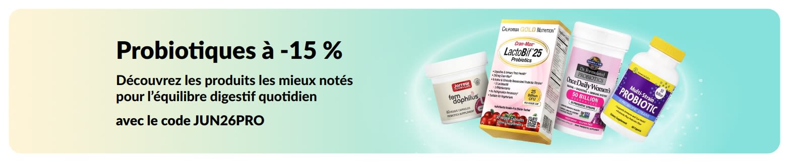 Bannière promotionnelle avec -15 % sur les probiotiques et les compléments pour la santé digestive.