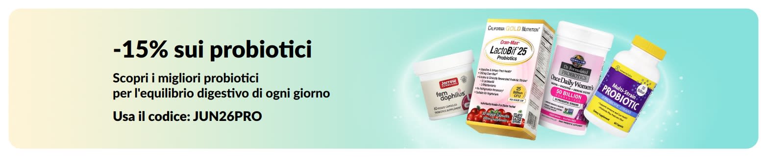Banner promozionale che offre il 15% di sconto sui probiotici e sugli integratori per la salute digestiva. 