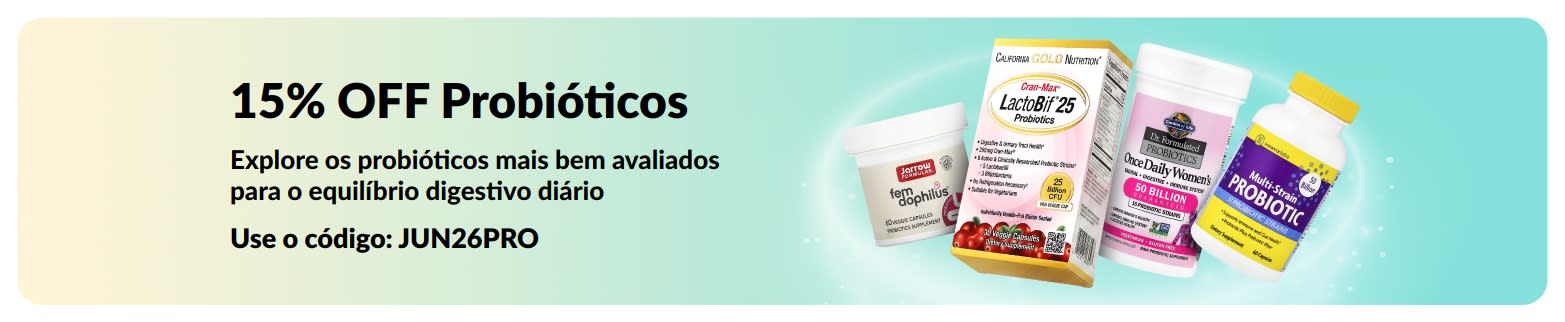 Banner oferecendo 15% OFF em suplementos probióticos para saúde digestiva.