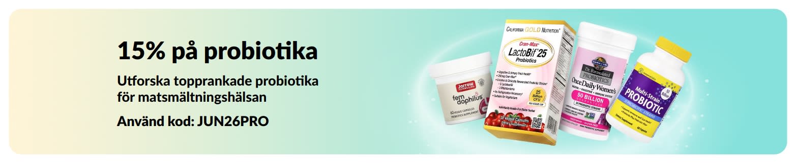Reklambanner som marknadsför 15% på probiotika med kosttillskott för matsmältningen. 