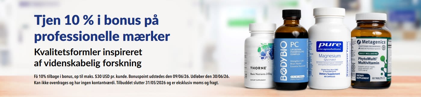 Optjen 10 % i bonus på professionelle mærker som Thorne, Metagenics og flere, som eksperter stoler på.