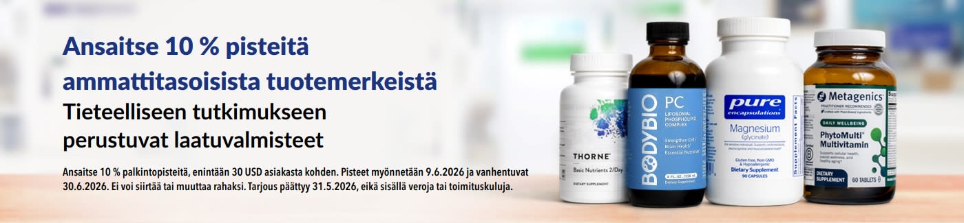 Ansaitse 10 % palkintopisteitä ammattitason tuotemerkeistä, kuten Thorne, Metagenics ja muut.