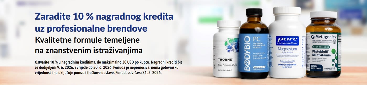 Zaradite 10 % nagradnog kredita uz profesionalne brendove kojima vjeruju stručnjaci, uključujući Thorne, Metagenics i mnoge druge.