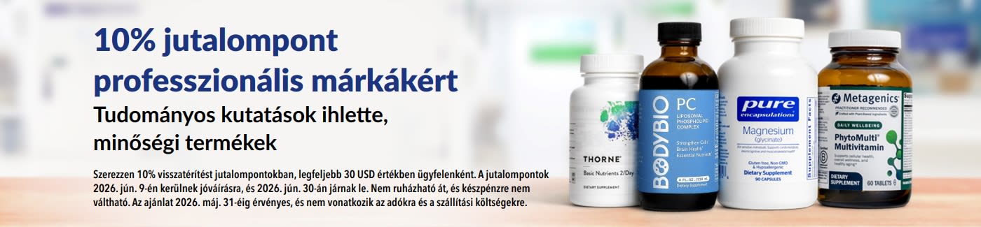 Szerezzen 10% értékű jóváírást jutalompontokban professzionális márkák termékei után, mint a Thorne, a Metagenics és még sok más.