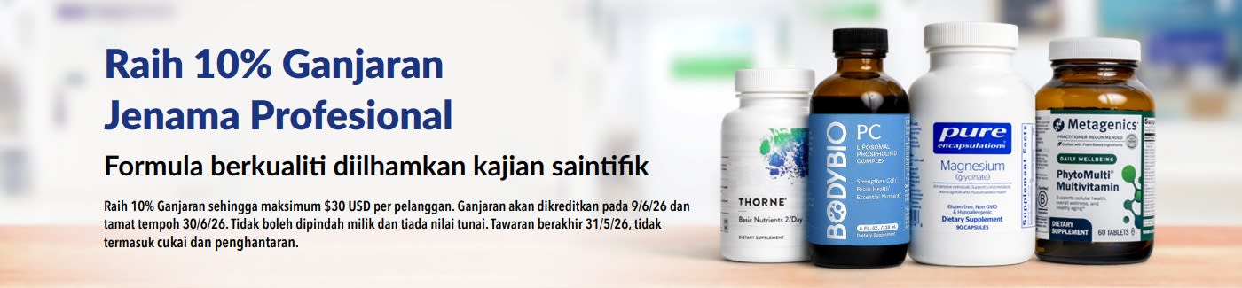 Raih 10% ganjaran untuk jenama profesional seperti Thorne, Metagenics, dan banyak lagi.