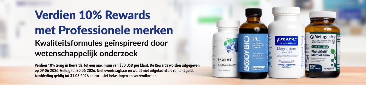 Verdien 10% Rewards op professionele merken zoals Thorne en Metagenics 