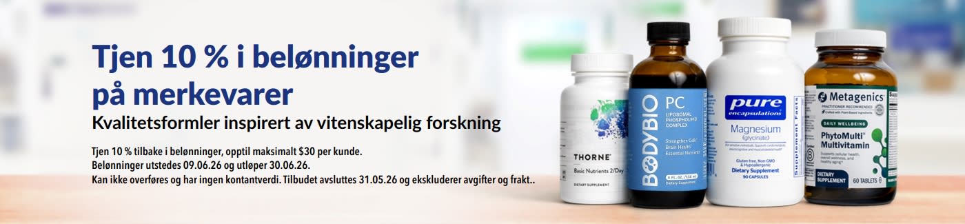 Tjen 10 % belønninger på merkevarer som Thorne, Metagenics og flere.