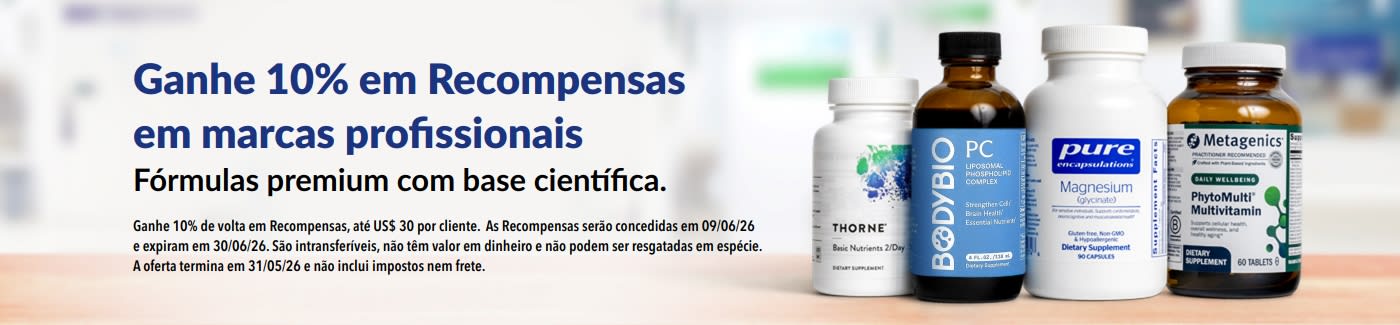 Ganhe 10% em Recompensas em marcas profissionais como Thorne, Metagenics e outras reconhecidas por especialistas.