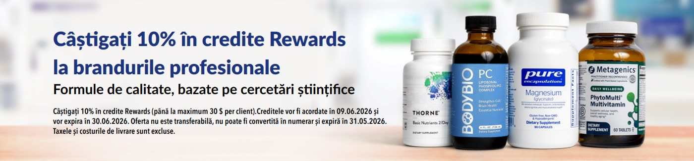 Câștigați 10% în credite Rewards la branduri profesionale ca Thorne, Metagenics și altele.