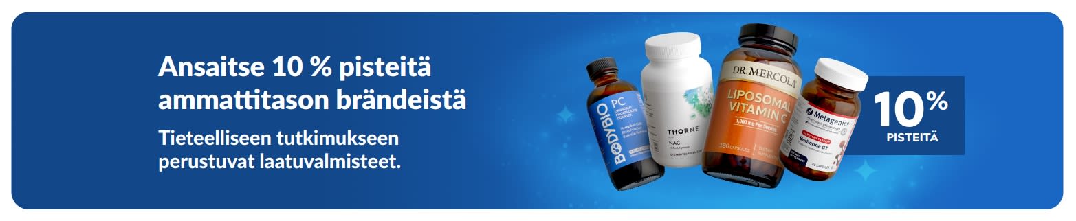 Ansaitse 10 % pisteitä ammattitason tuotemerkeistä. Kuvassa laadukkaita ravintolisätuotteita.