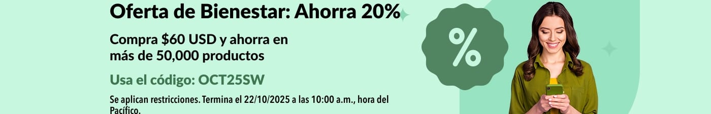 Banner de la Oferta de Bienestar de iHerb: Ahorra 20% al comprar $60 USD. Código: OCT25SW. Imagen de una mujer sonriente hablando por teléfono.