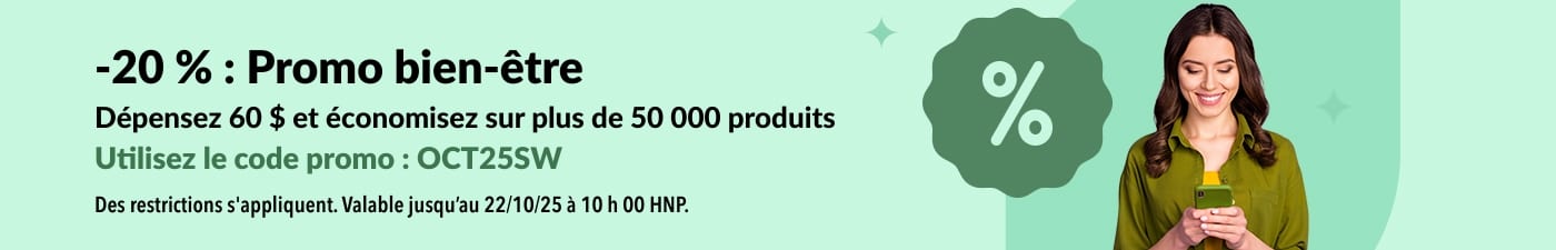 Bannière promotionnelle iHerb Wellness offrant 20 % de réduction sur les commandes de plus de 60 $ avec le code OCT25SW, représentant une femme souriante au téléphone.