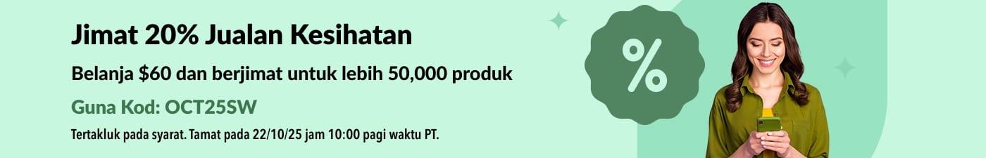 Sepanduk jualan kesihatan iHerb menawarkan diskaun 20% untuk pesanan melebihi $60 dengan kod OCT25SW, menampilkan seorang wanita tersenyum memegang telefon.