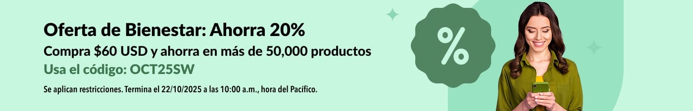 Banner de la Oferta de Bienestar de iHerb: Ahorra 20% al comprar $60 USD. Código: OCT25SW. Imagen de una mujer sonriente hablando por teléfono.