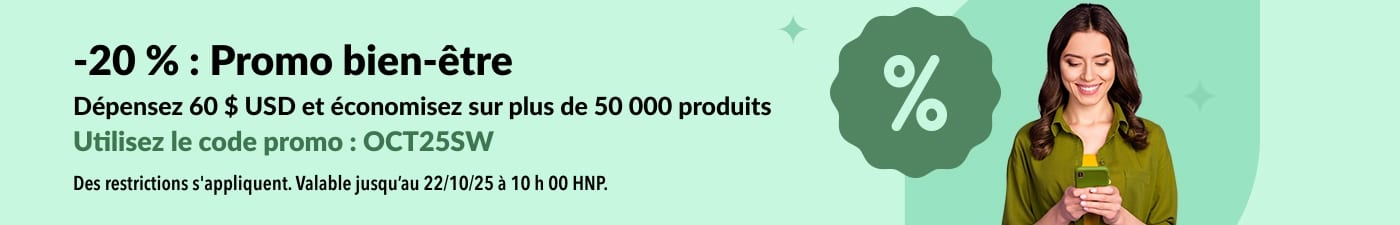 Bannière promotionnelle iHerb Wellness offrant 20 % de réduction sur les commandes de plus de 60 $ USD avec le code OCT25SW, représentant une femme souriante au téléphone.