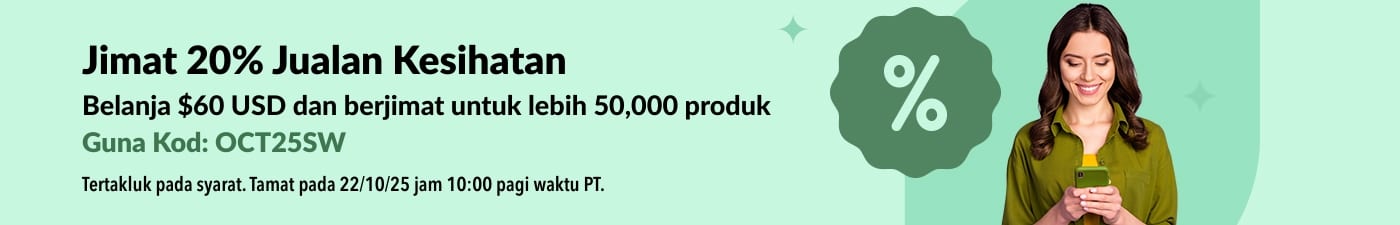 Sepanduk jualan kesihatan iHerb menawarkan diskaun 20% untuk pesanan melebihi $60 USD dengan kod OCT25SW, menampilkan seorang wanita tersenyum memegang telefon.