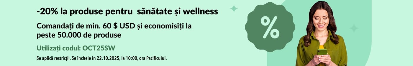 Banner iHerb cu 20% reducere la comenzile peste 60 $ USD cu codul OCT25SW, cu femeie zâmbitoare la telefon.