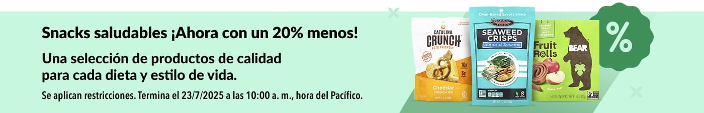 20% menos en snacks saludables de marcas como Catalina Crunch, Seaweed Crisps y Bear Fruit Rolls; para todas las dietas.