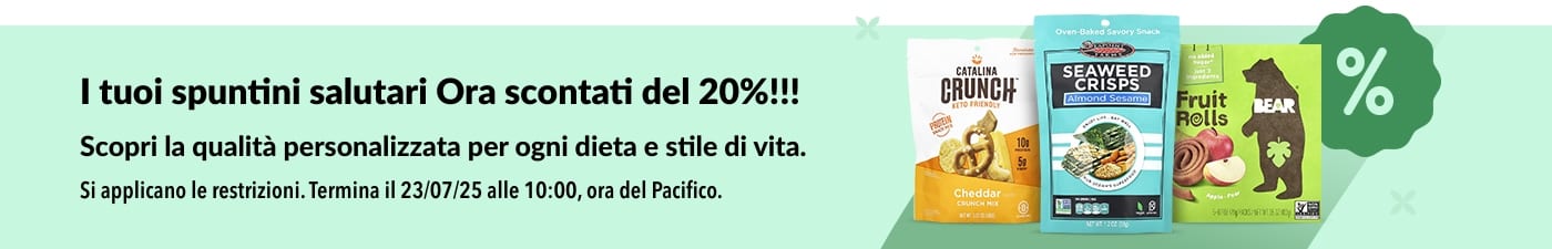 20% di sconto sugli snack salutari, tra cui Catalina Crunch, Seaweed Crisps e Bear Fruit Rolls, adatti a tutte le diete.