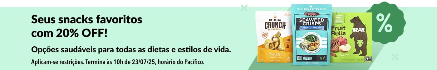 20% OFF em snacks saudáveis, incluindo Catalina Crunch, Seaweed Crisps e Bear Fruit Rolls, ideal para todas as dietas.